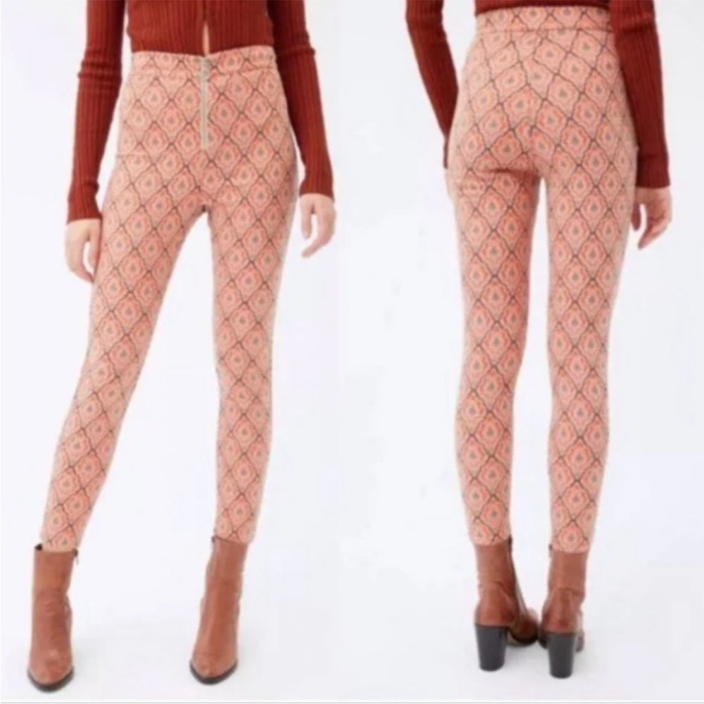 URBAN OUTFITTERS UO Susie Jacquard High Waisted Zip Front Pants Orange Brown 2